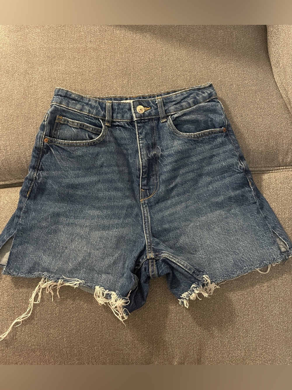 Zara Dark Blue High-Rise Frayed Denim Shorts